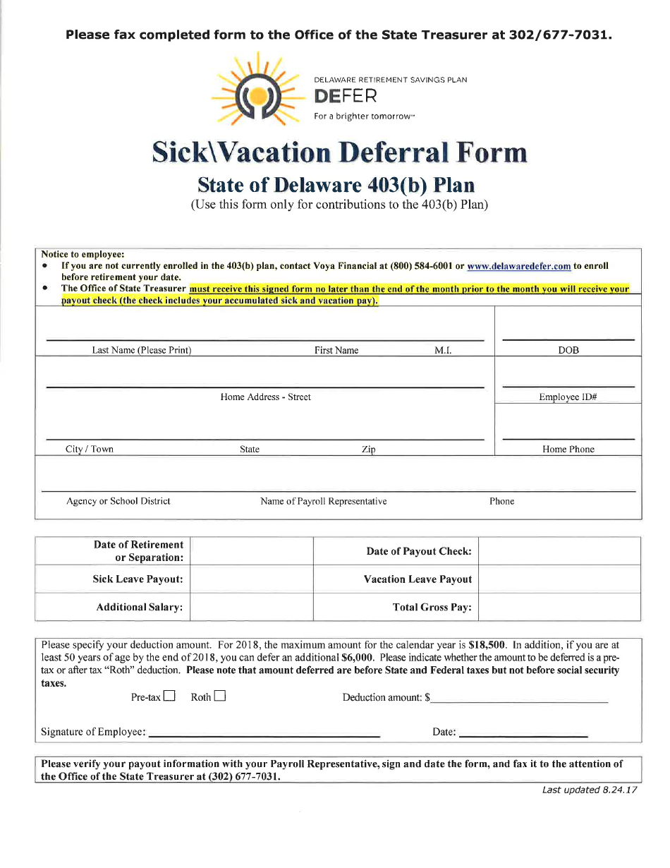Sick vacation Deferral Form - State of Delaware 403(B) Plan - Delaware, Page 1