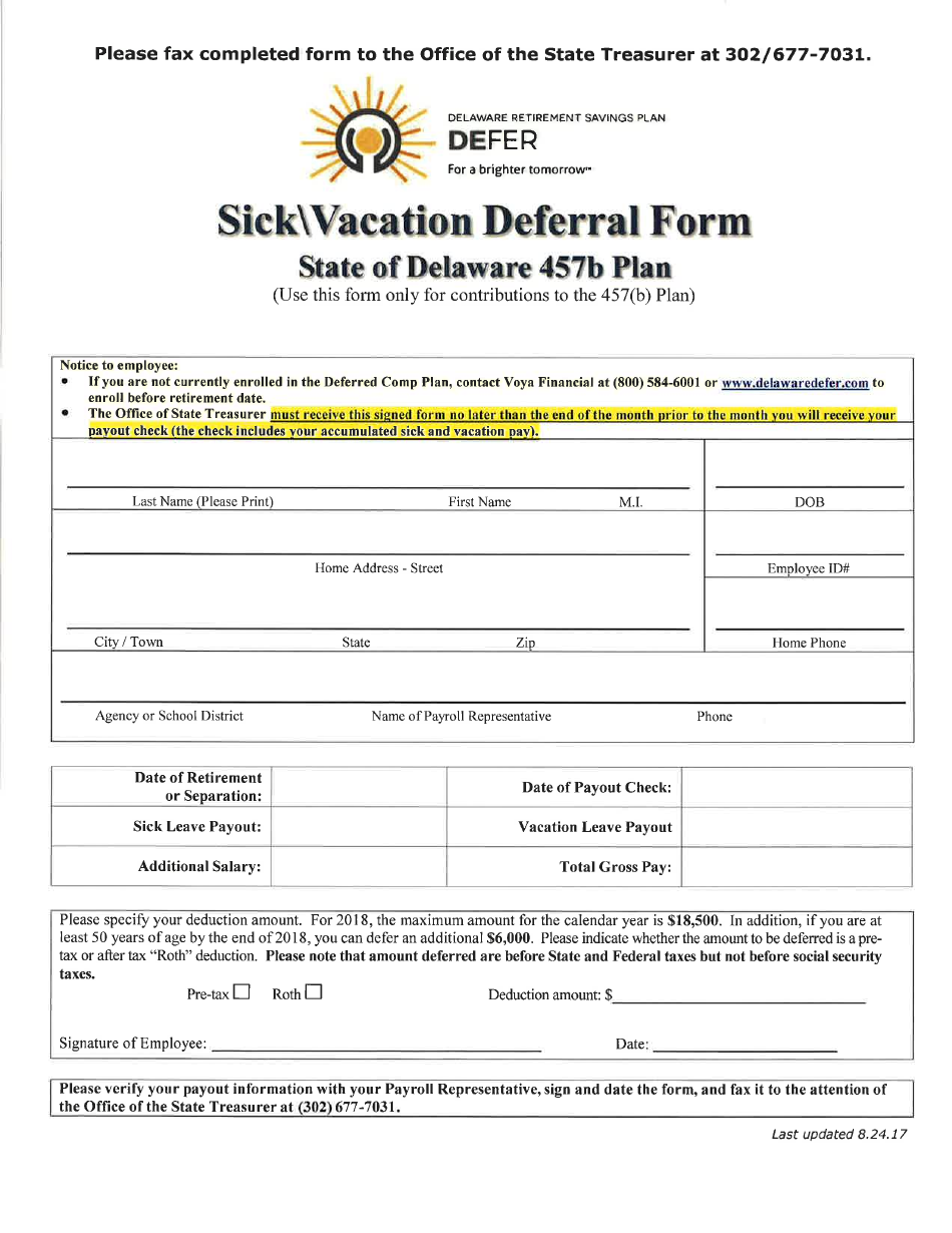 Sick vacation Deferral Form - State of Delaware 457b Plan - Delaware, Page 1