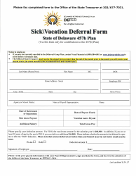 Document preview: Sick vacation Deferral Form - State of Delaware 457b Plan - Delaware
