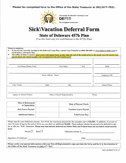 Sick vacation Deferral Form - State of Delaware 457b Plan - Delaware Download Pdf
