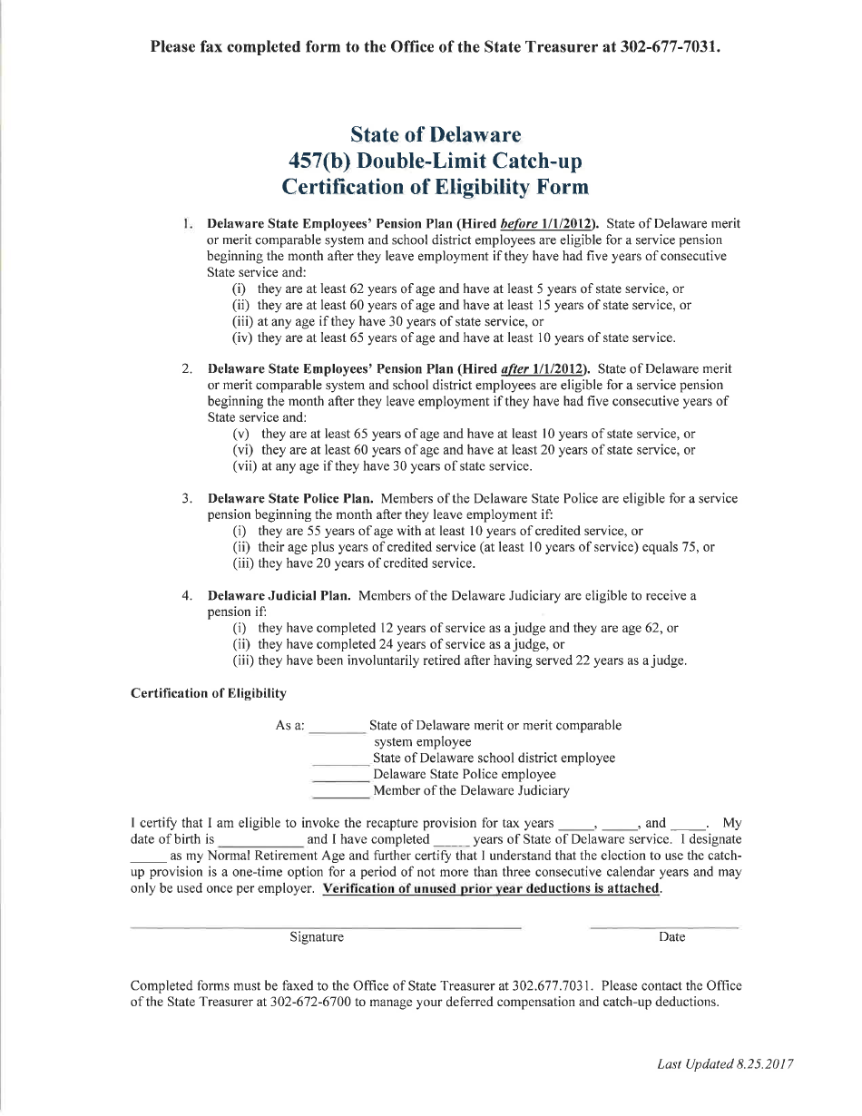 Delaware 457(B) DoubleLimit CatchUp Certification of Eligibility Form