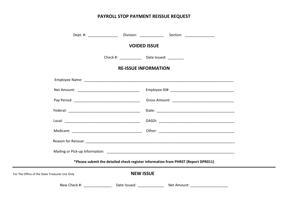 Payroll Stop Payment Reissue Request Form - Delaware, Page 1