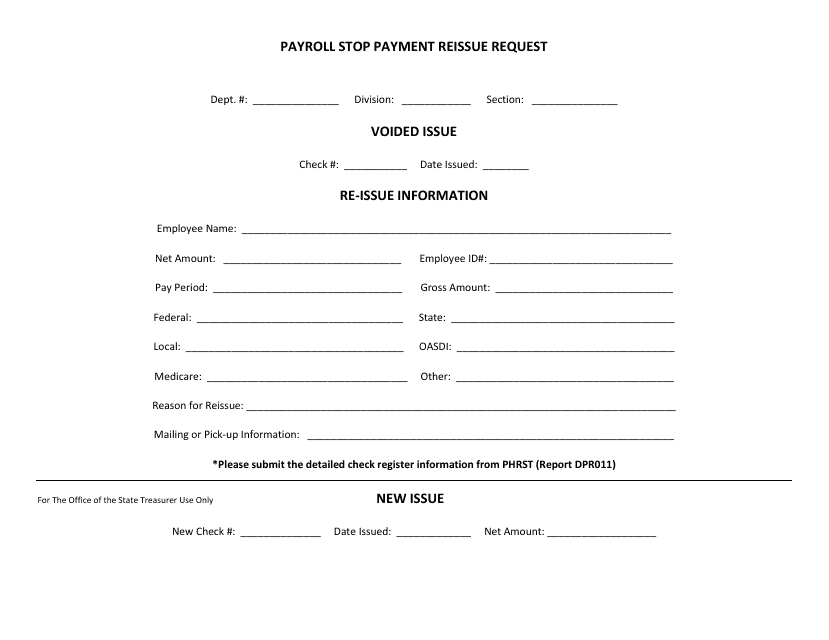 Payroll Stop Payment Reissue Request Form - Delaware