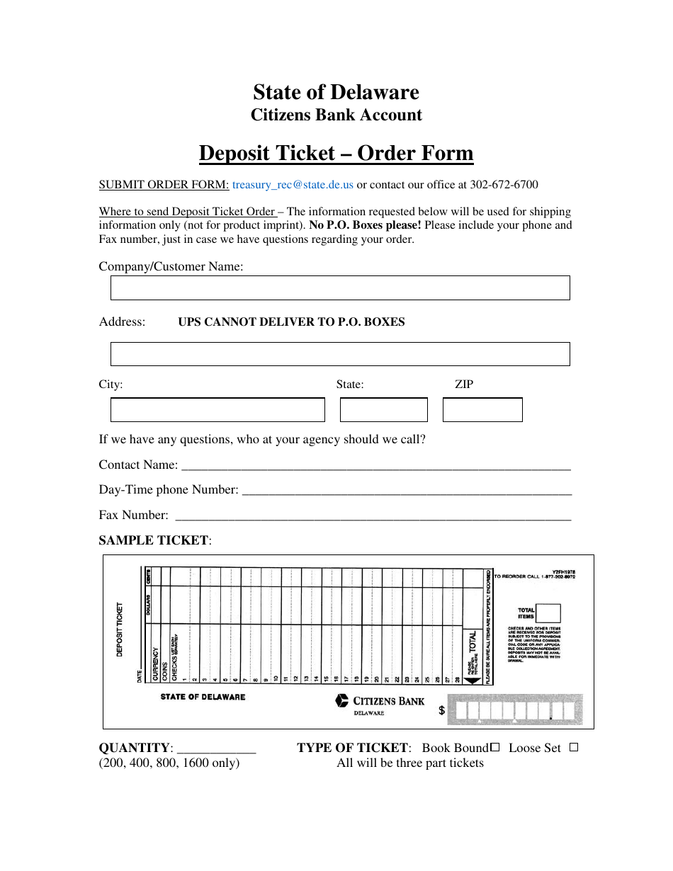 Deposit Ticket - Order Form - Delaware, Page 1