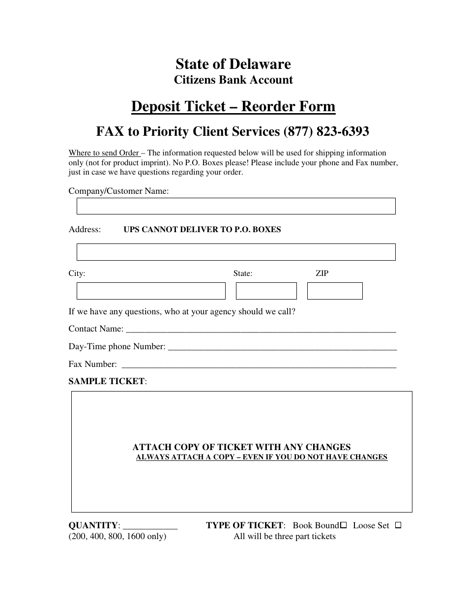 Deposit Ticket - Reorder Form - Delaware, Page 1