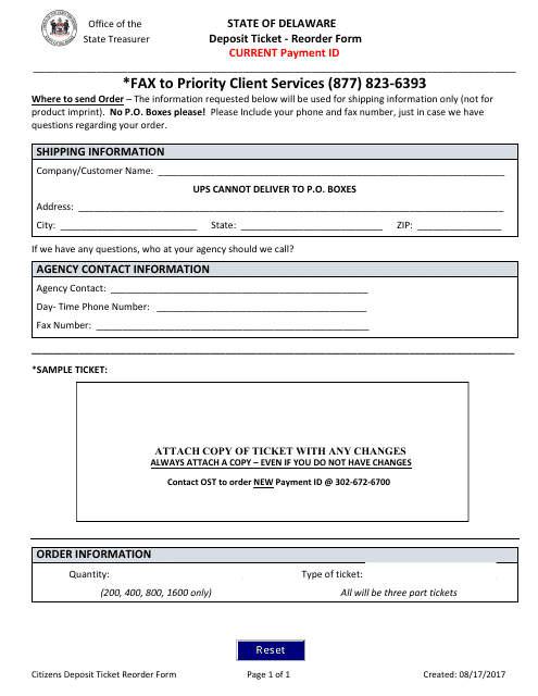 Deposit Ticket Reorder Form - Current Payment Id - Delaware Download Pdf