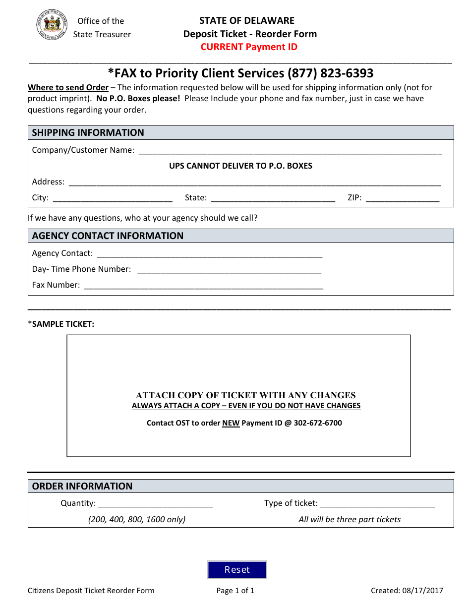 Deposit Ticket Reorder Form - Current Payment Id - Delaware, Page 1