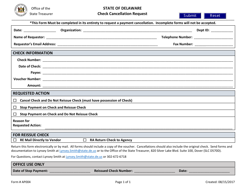 Form AP004 Vendor Payment Check Cancellation Request - Delaware, Page 1