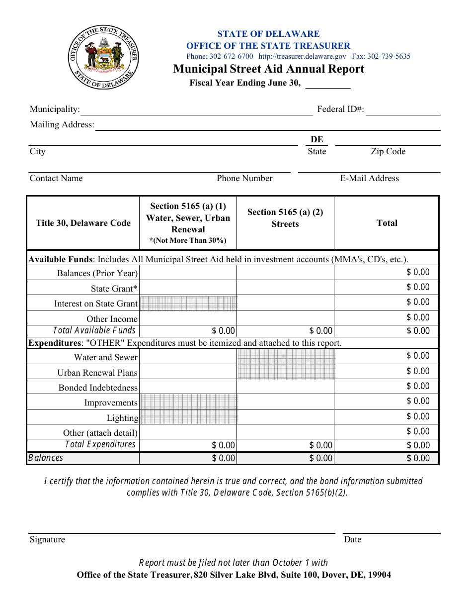 Municipal Street Aid Annual Report Form - Delaware, Page 1