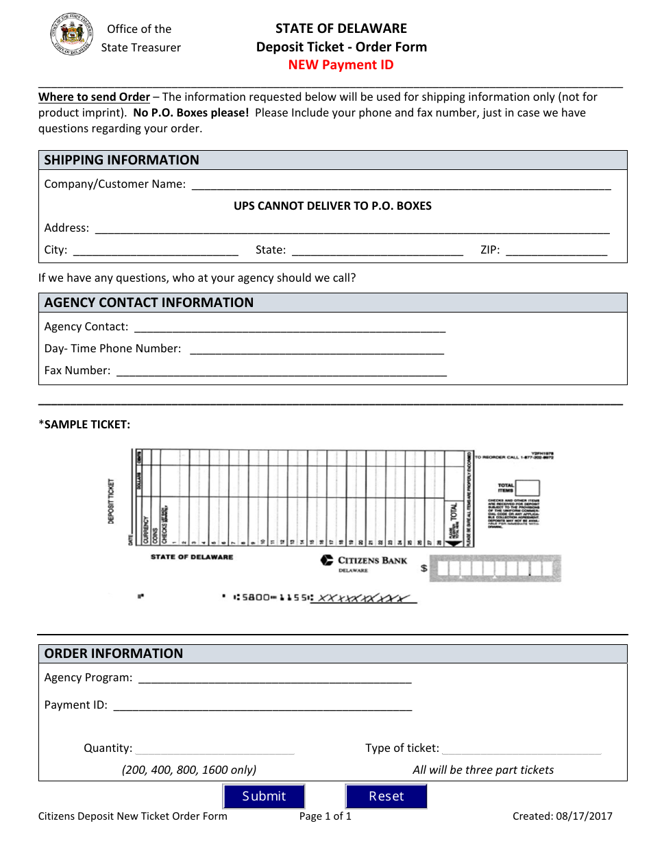 Deposit Ticket Order Form - New Payment Id - Delaware, Page 1