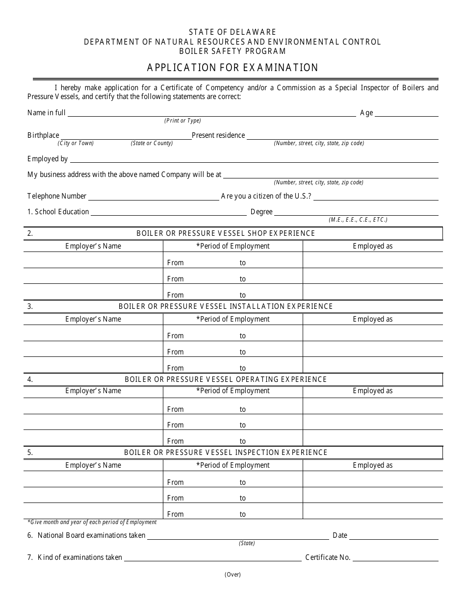 Application for Examination - Boiler Safety Program - Delaware, Page 1