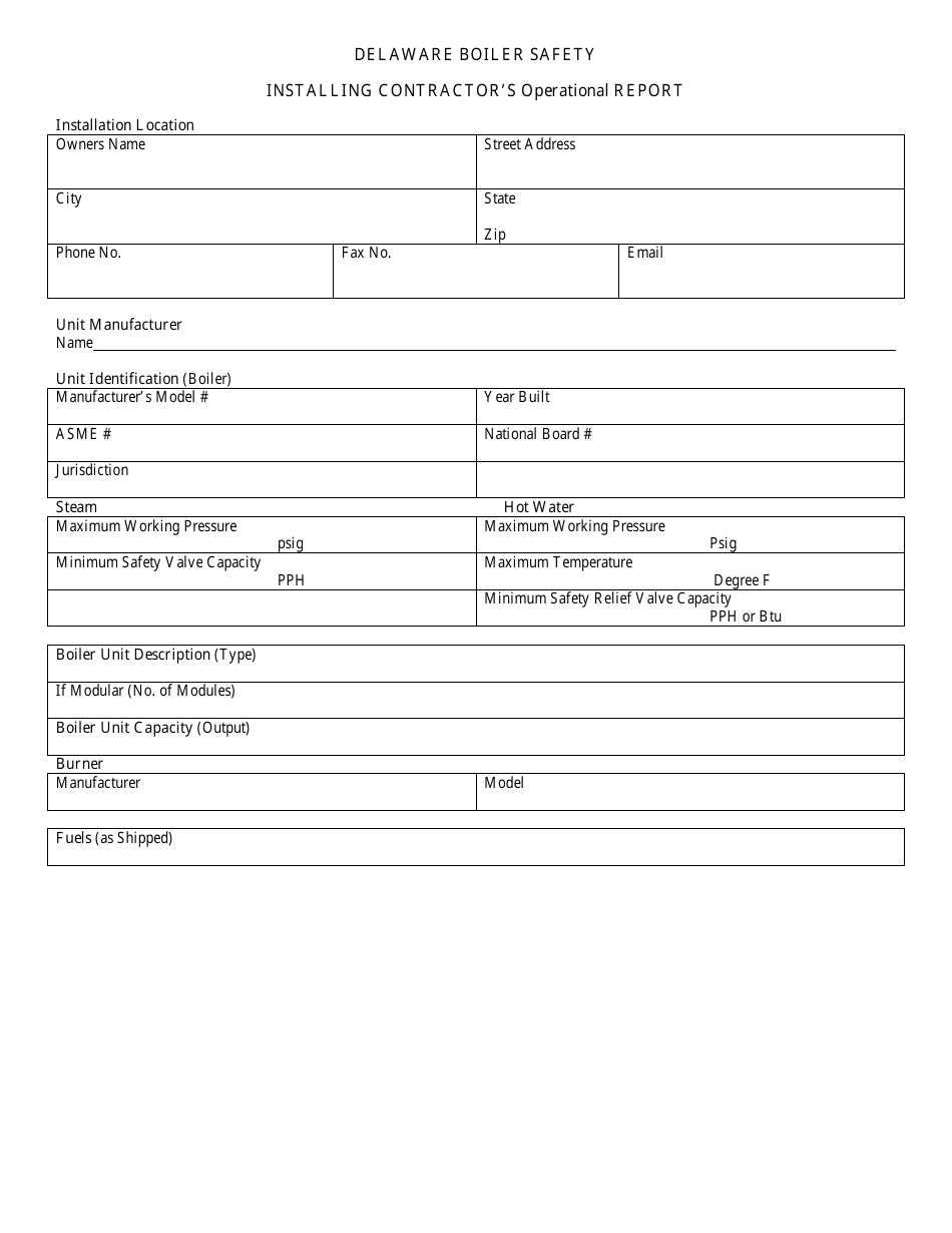 Installing Contractors Operational Report Form - Boiler Safety Program - Delaware, Page 1