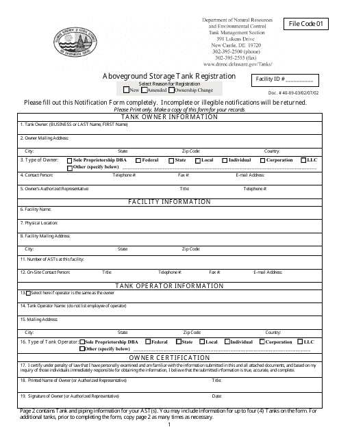 Aboveground Storage Tank Registration Form - Delaware Download Pdf