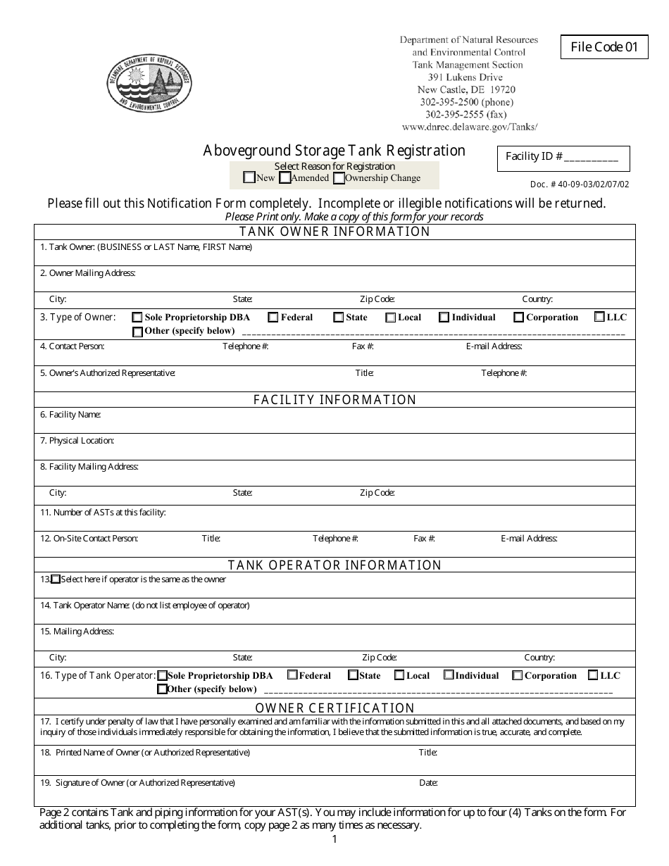 Aboveground Storage Tank Registration Form - Delaware, Page 1