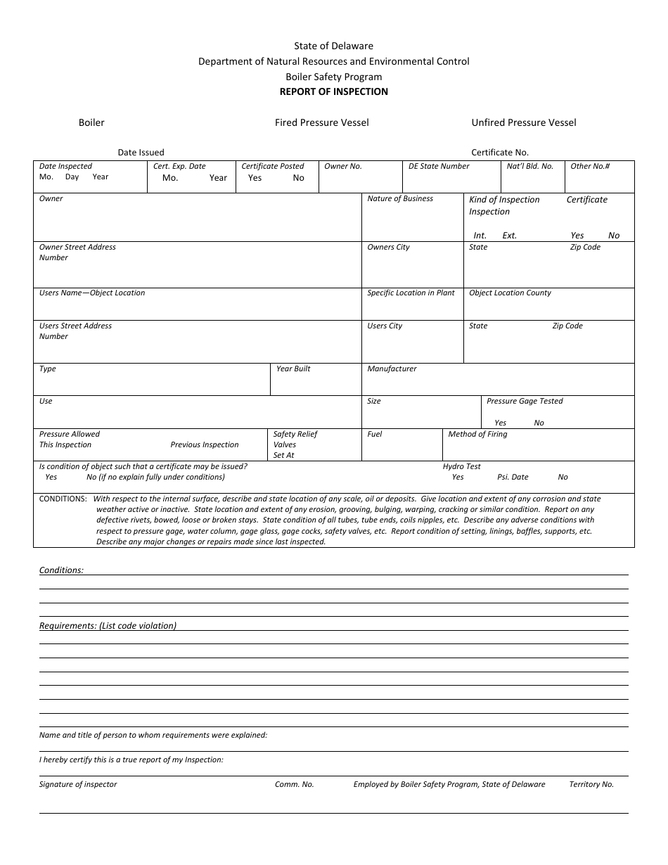 Delaware Report of Inspection - Boiler Safety Program - Fill Out, Sign ...