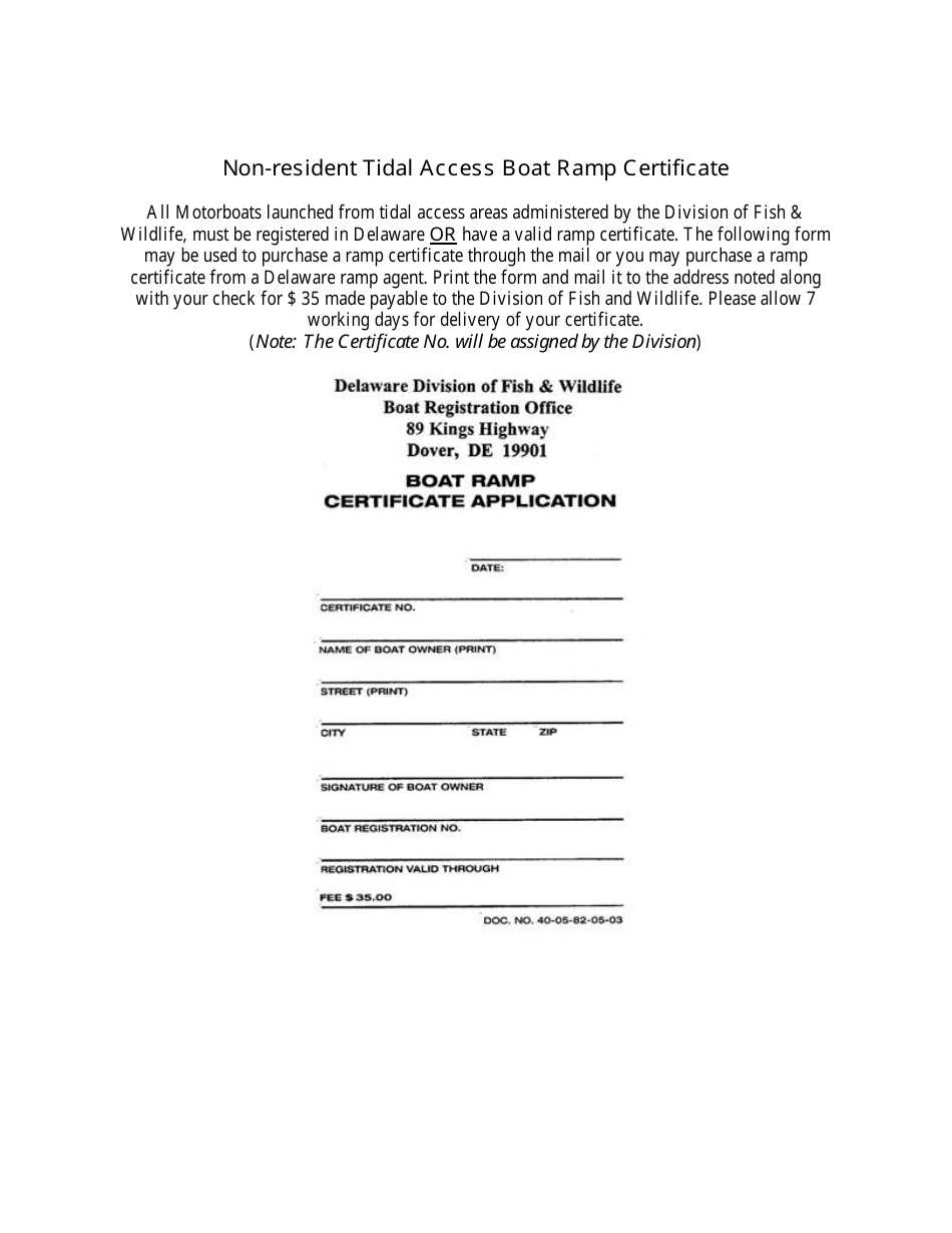 Non-resident Tidal Access Boat Ramp Certificate Application Form - Delaware, Page 1