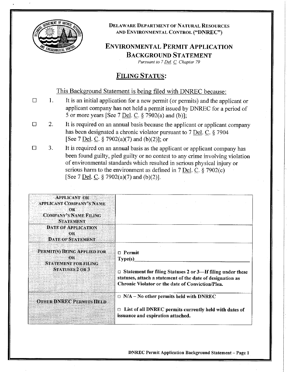 Environmental Permit Application Background Statement - Delaware, Page 1