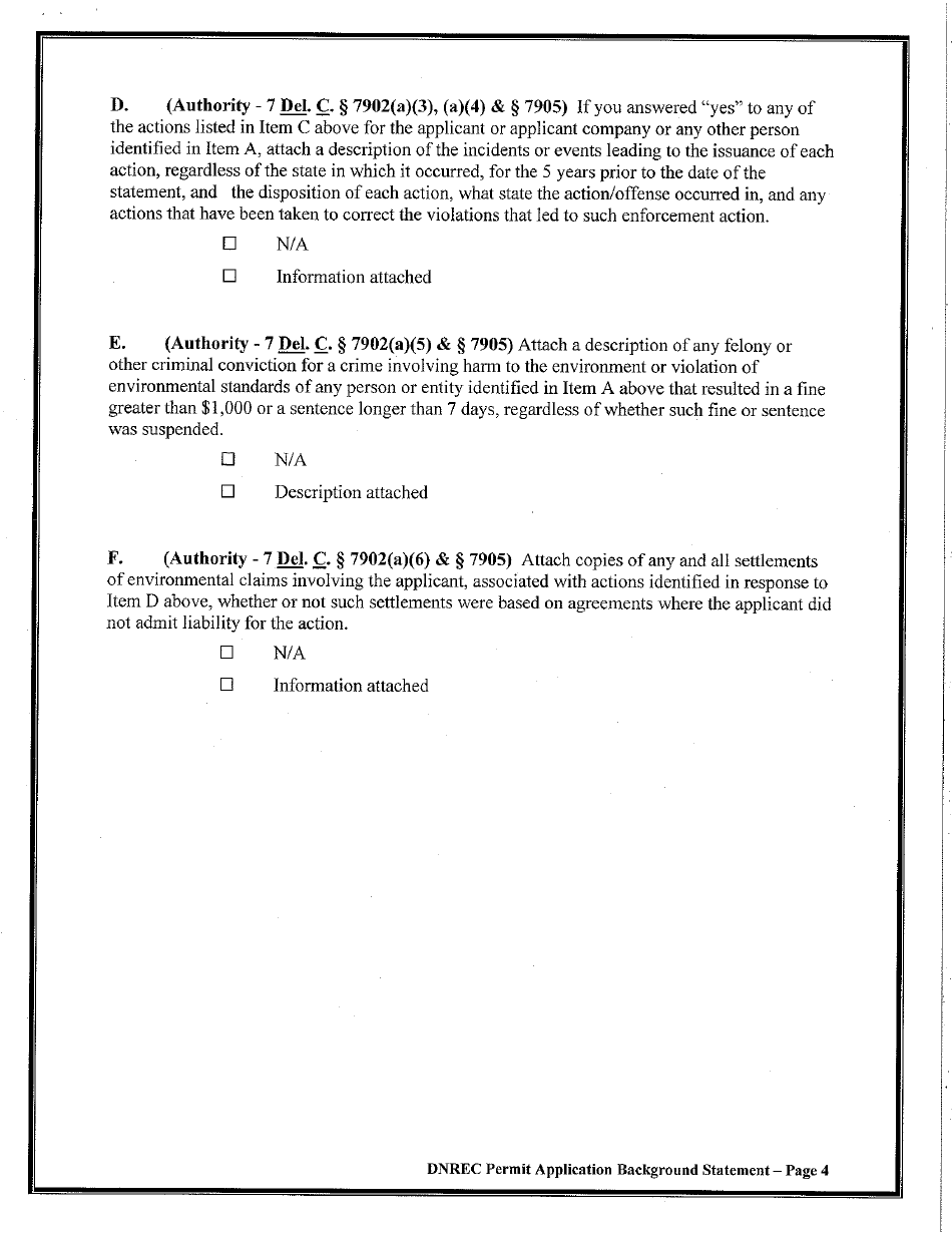 Environmental Permit Application Background Statement - Delaware, Page 4