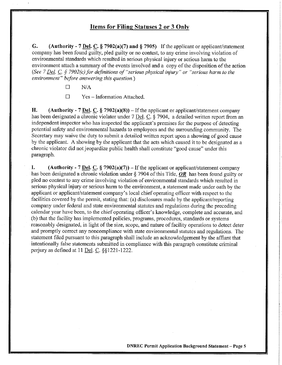 Environmental Permit Application Background Statement - Delaware, Page 5