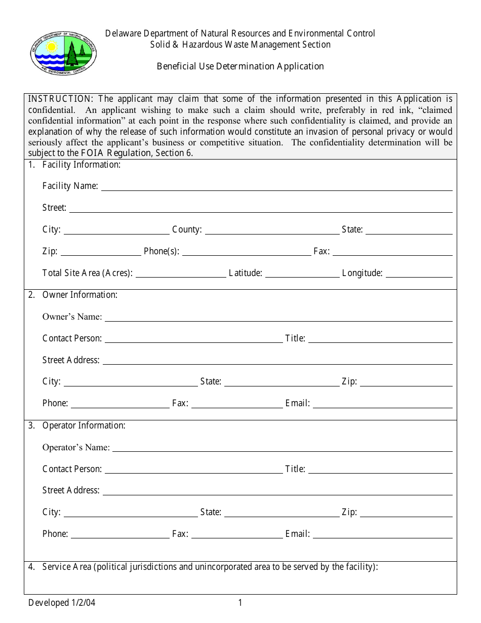 Beneficial Use Determination Application - Delaware, Page 1