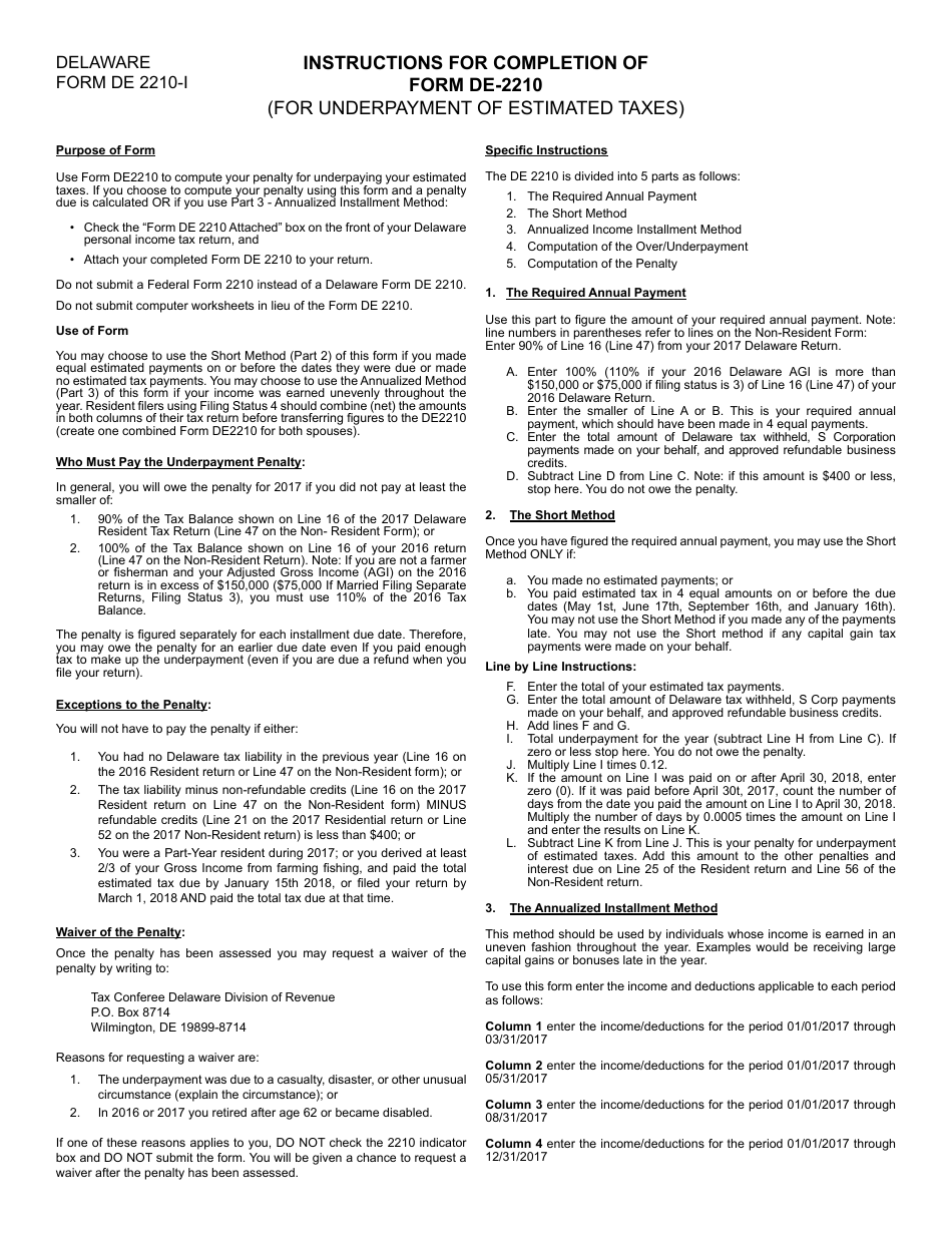 Instructions for Form DE2210-I, DE-2210 Delaware Underpayment of Estimated Taxes - Delaware, Page 1
