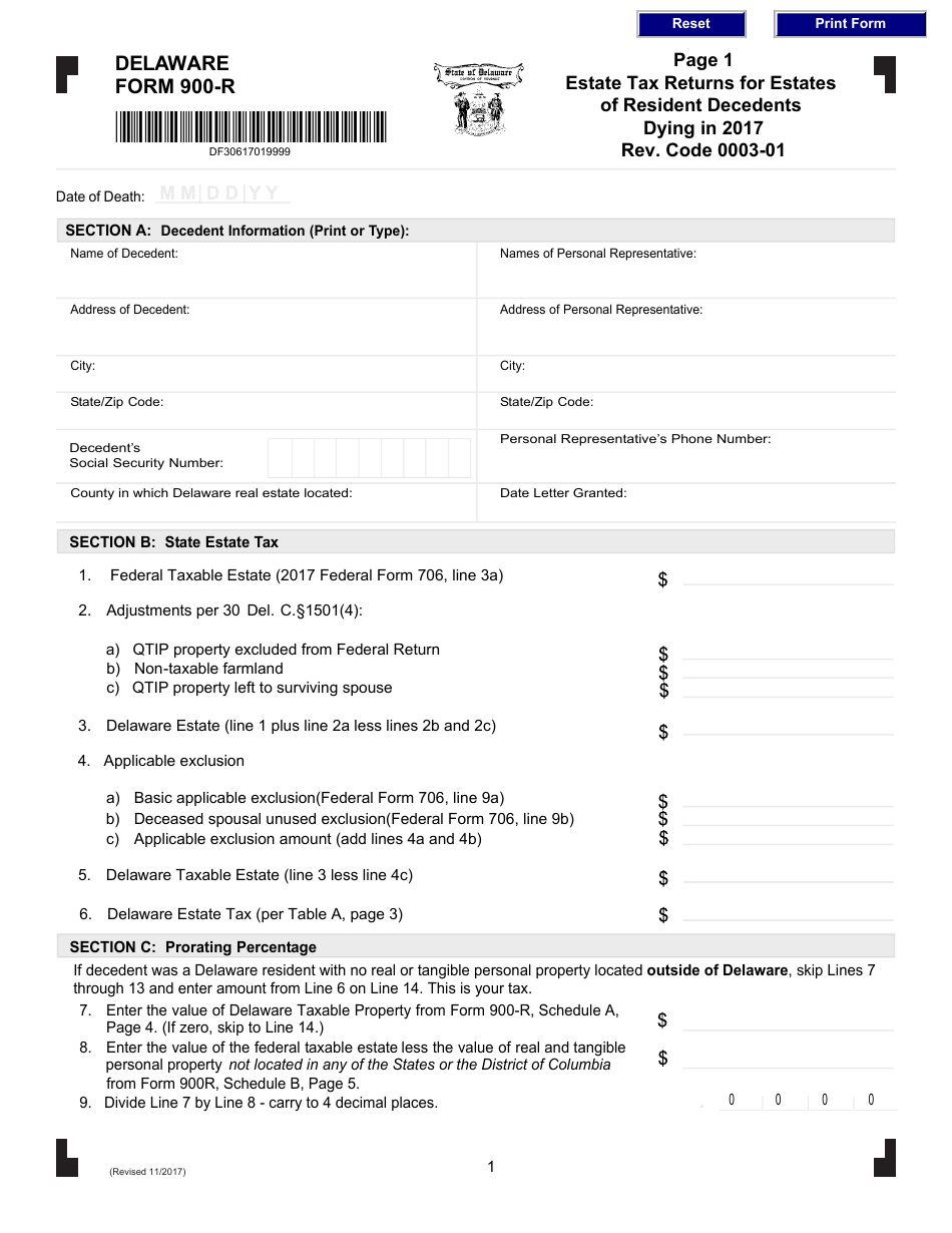 Form 900-R Estate Tax Returns for Estates of Resident Decedents Dying in 2017 - Delaware, Page 1