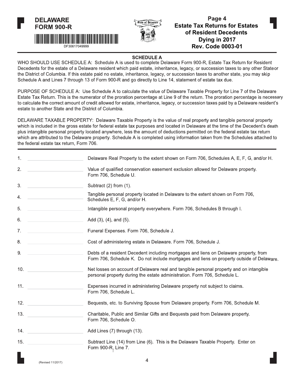 Form 900-R Estate Tax Returns for Estates of Resident Decedents Dying in 2017 - Delaware, Page 4