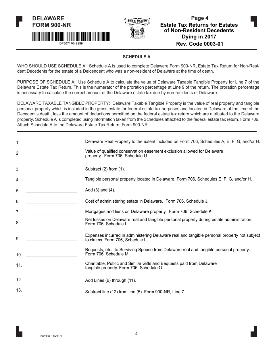 Form 900-NR Estate Tax Returns for Estates of Non-resident Decedents Dying in 2017 - Delaware, Page 4