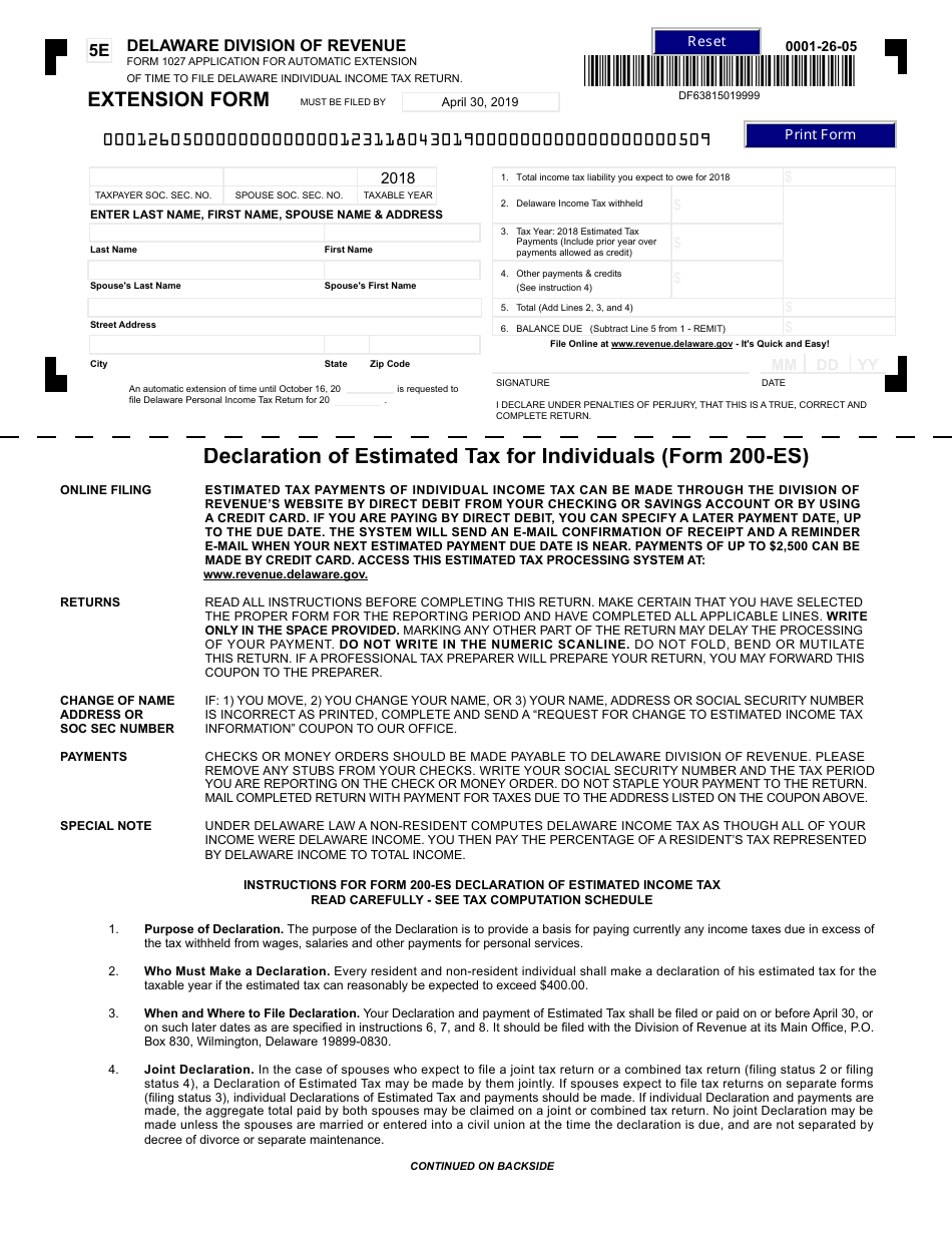 Form 200-ES-5E Request for Extension - Delaware Estimated Income Tax Return for Individuals - Delaware, Page 1