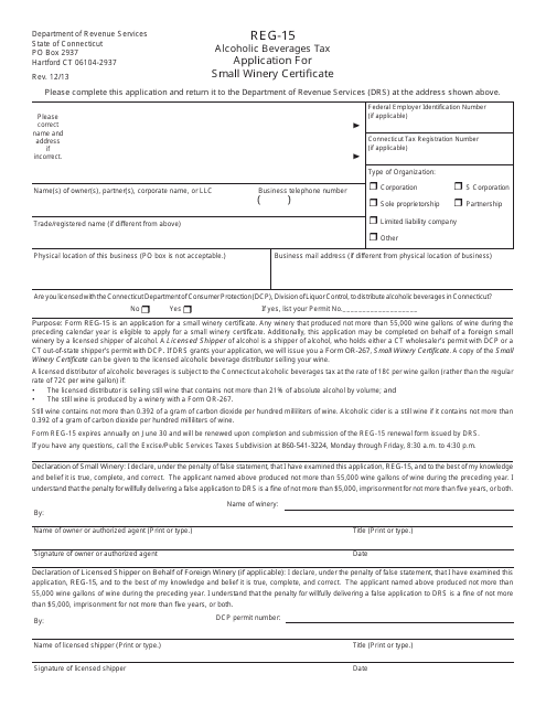 Form REG-15 Alcoholic Beverages Tax - Application for Small Winery Certifi Cate - Connecticut