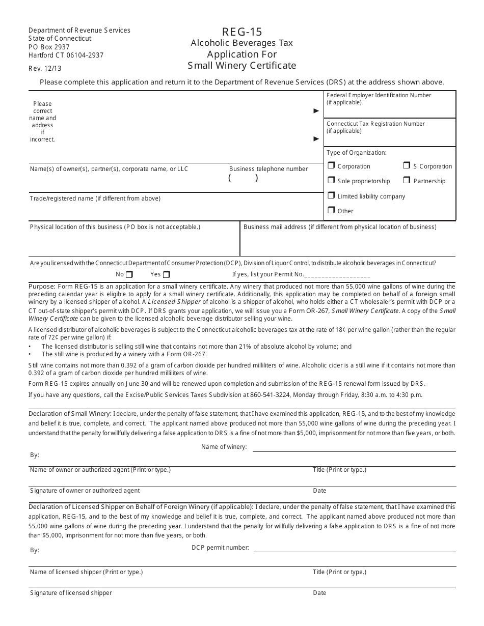 Form REG-15 Alcoholic Beverages Tax - Application for Small Winery Certifi Cate - Connecticut, Page 1
