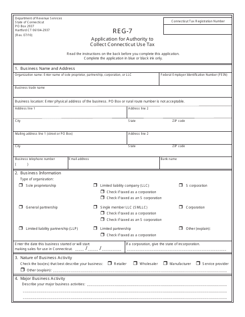 Form REG-7 Application for Authority to Collect Connecticut Use Tax - Connecticut