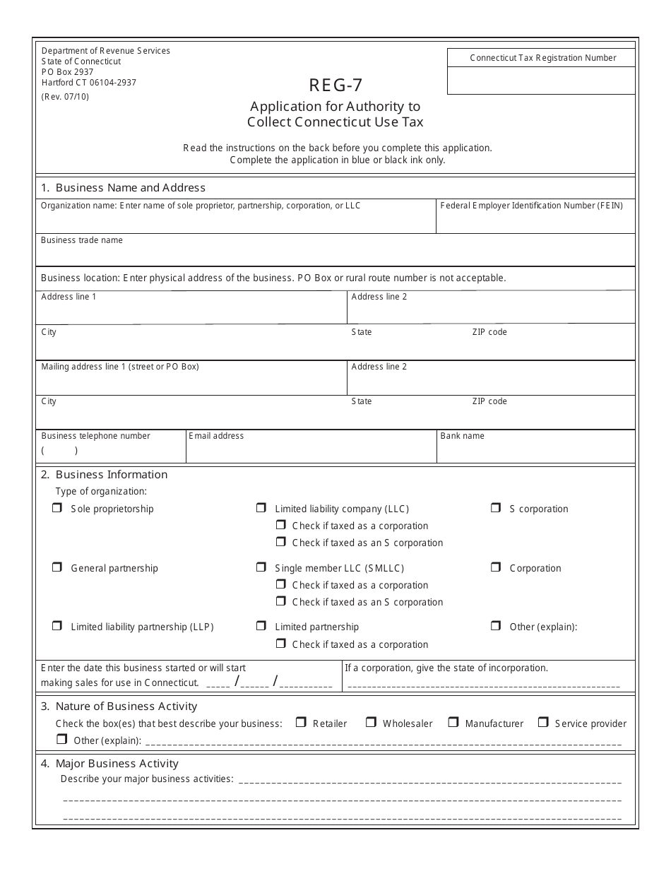 Form REG-7 Application for Authority to Collect Connecticut Use Tax - Connecticut, Page 1
