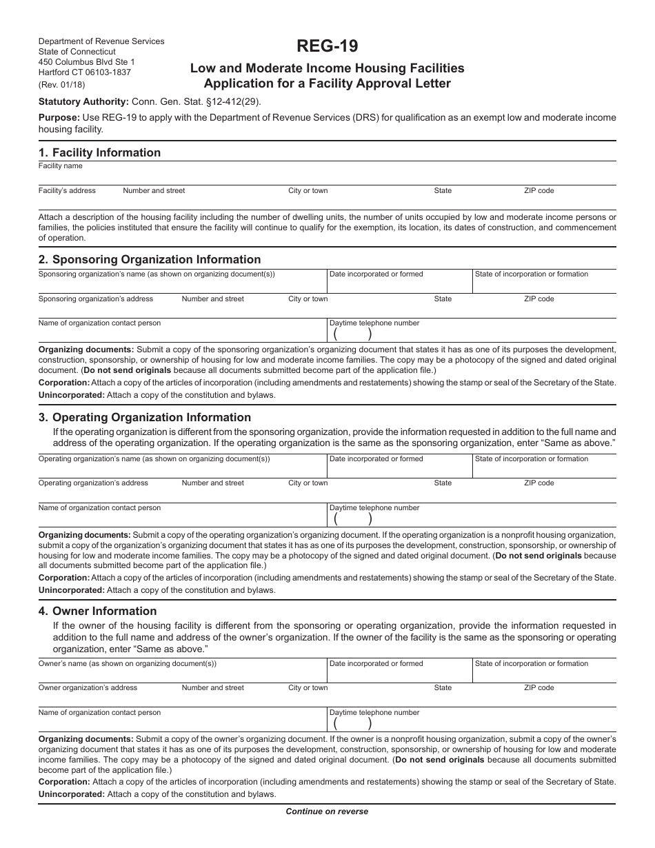 Form REG-19 Low and Moderate Income Housing Facilities Application for a Facility Approval Letter - Connecticut, Page 1