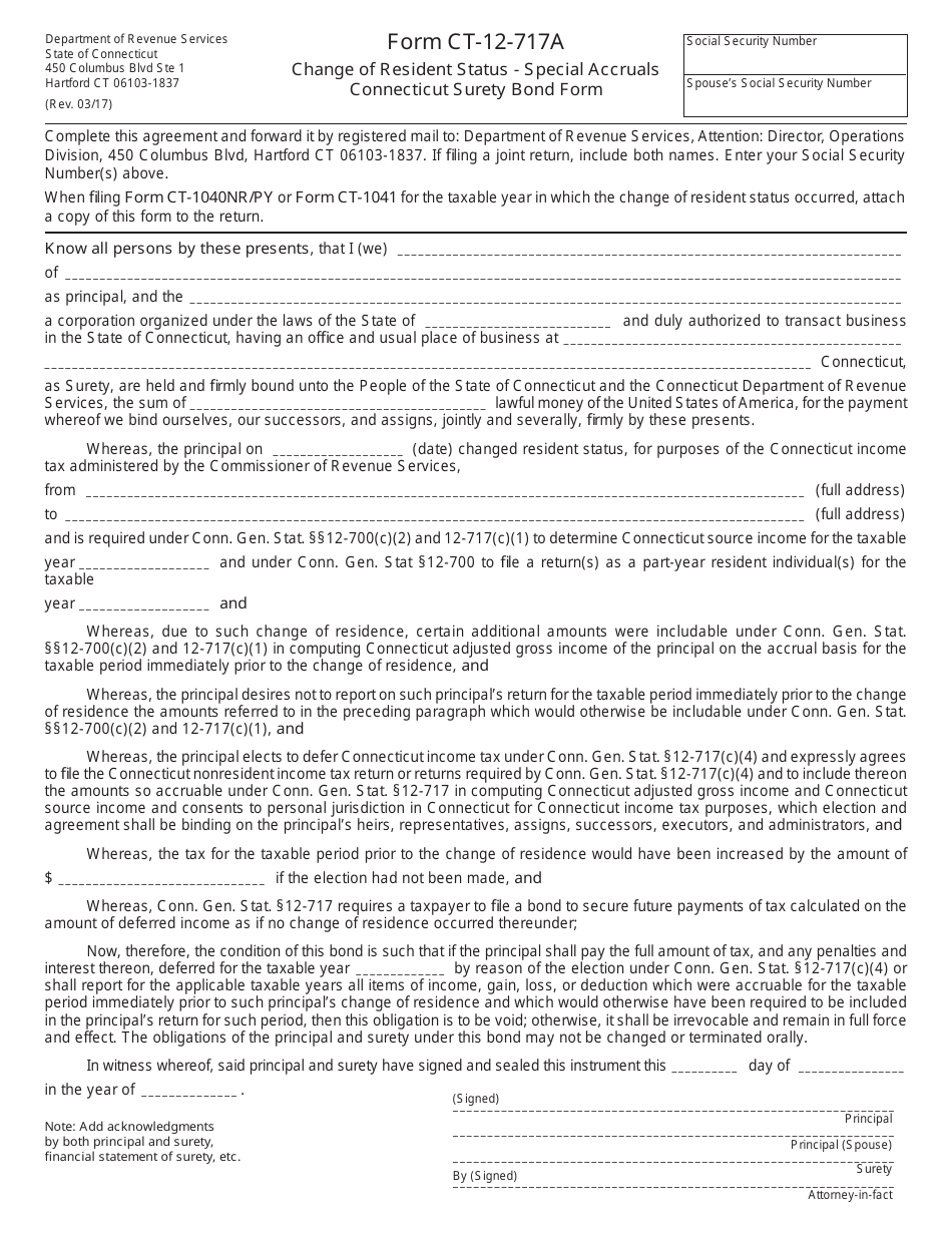 Form CT-12-717A Change of Resident Status - Special Accruals Connecticut Surety Bond Form - Connecticut, Page 1