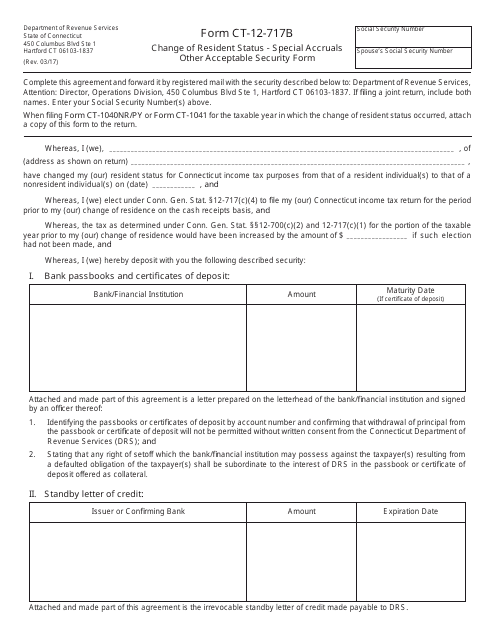 Form CT-12-717B Change of Resident Status - Special Accruals Other Acceptable Security Form - Connecticut