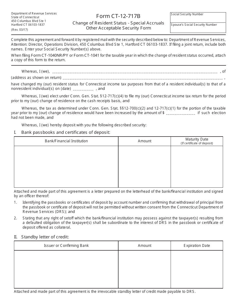 Form CT-12-717B Change of Resident Status - Special Accruals Other Acceptable Security Form - Connecticut, Page 1