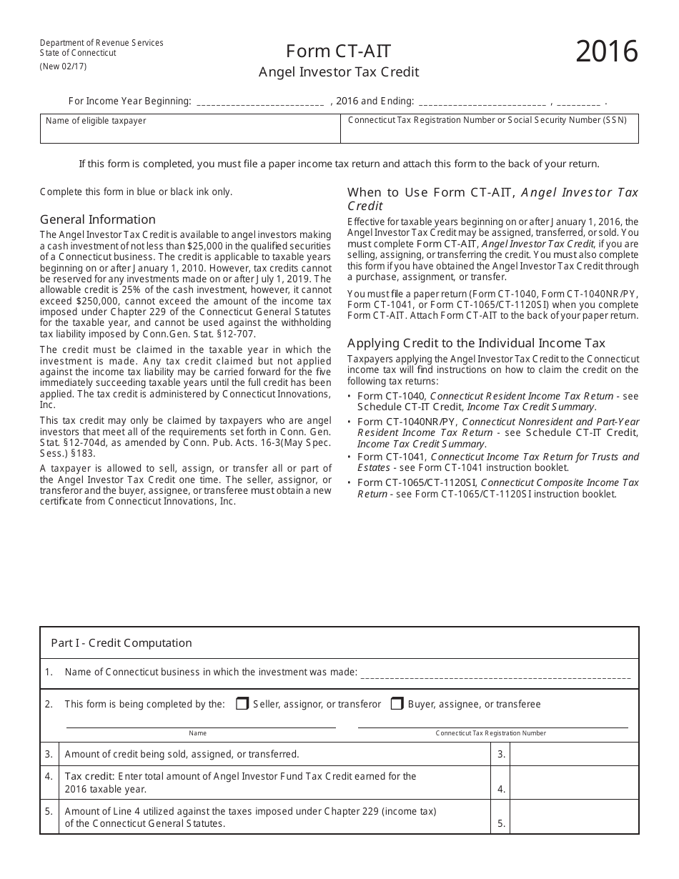 Form CT-AIT Angel Investor Tax Credit - Connecticut, Page 1
