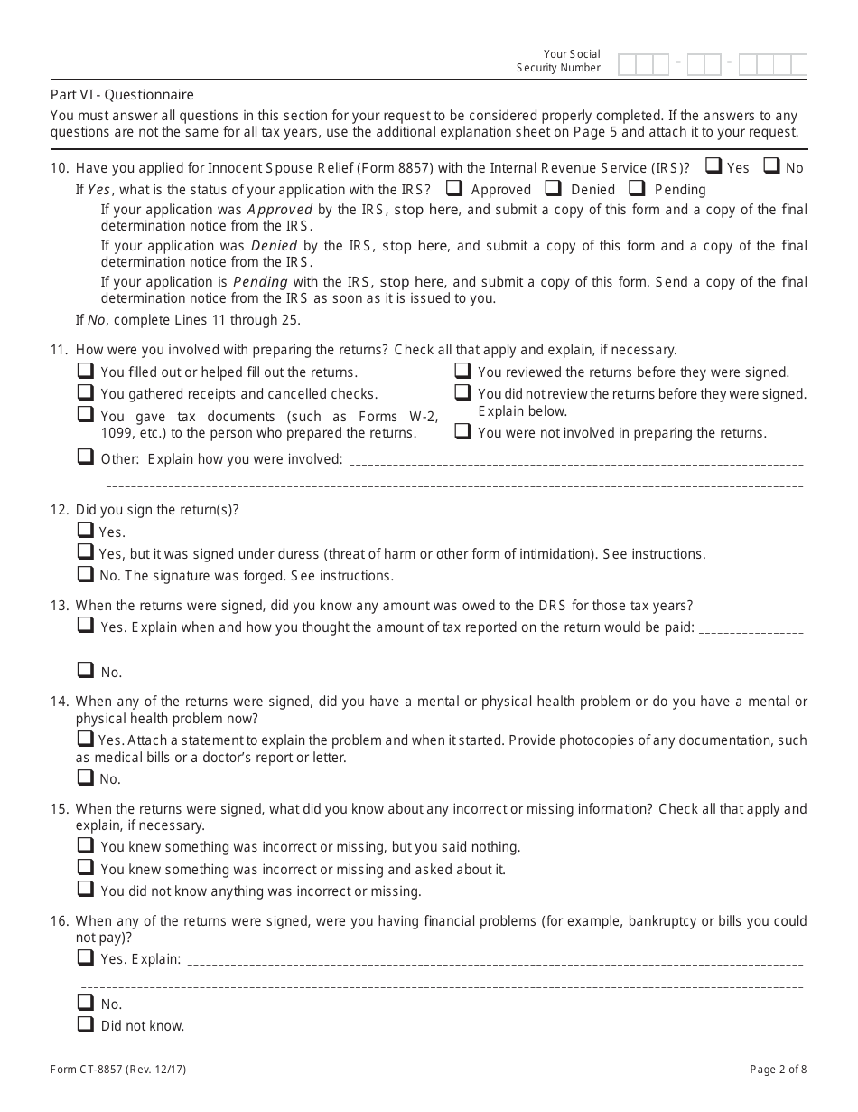 Form CT-8857 Request for Innocent Spouse Relief (And Separation of Liability and Equitable Relief) - Connecticut, Page 2
