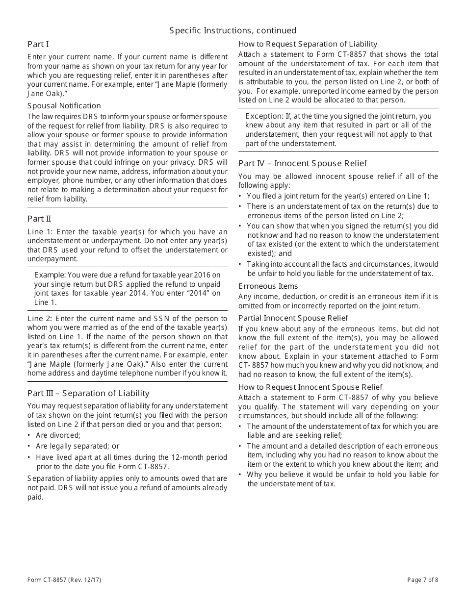 Form CT-8857 Request for Innocent Spouse Relief (And Separation of Liability and Equitable Relief) - Connecticut, Page 7