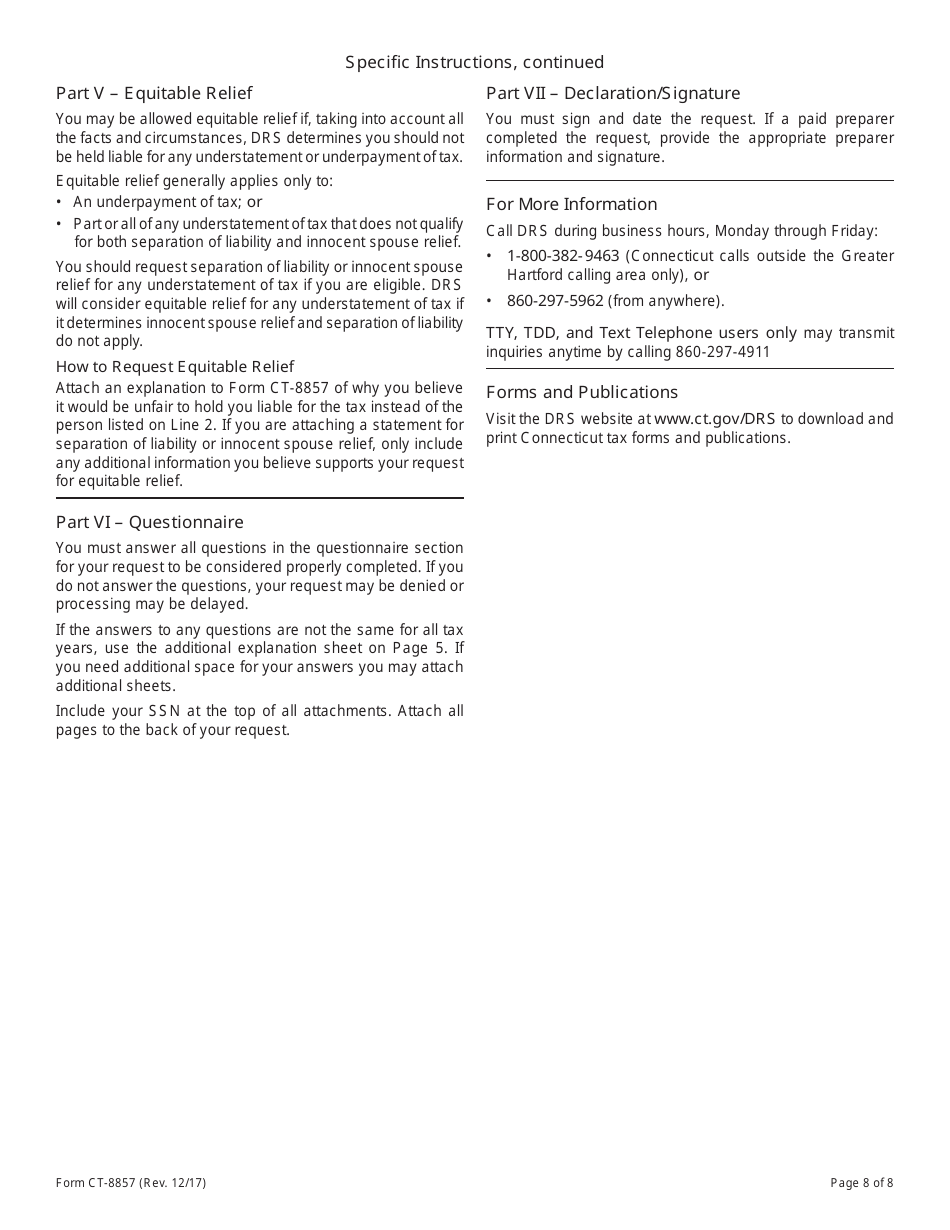 Form CT-8857 Request for Innocent Spouse Relief (And Separation of Liability and Equitable Relief) - Connecticut, Page 8