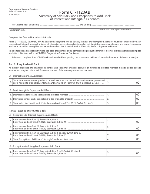 Form CT-1120AB Summary of Add Back and Exceptions to Add Back of Interest and Intangible Expenses - Connecticut