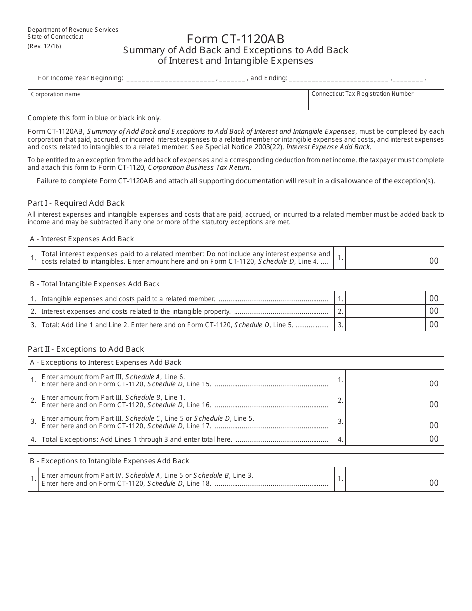 Form CT-1120AB Summary of Add Back and Exceptions to Add Back of Interest and Intangible Expenses - Connecticut, Page 1