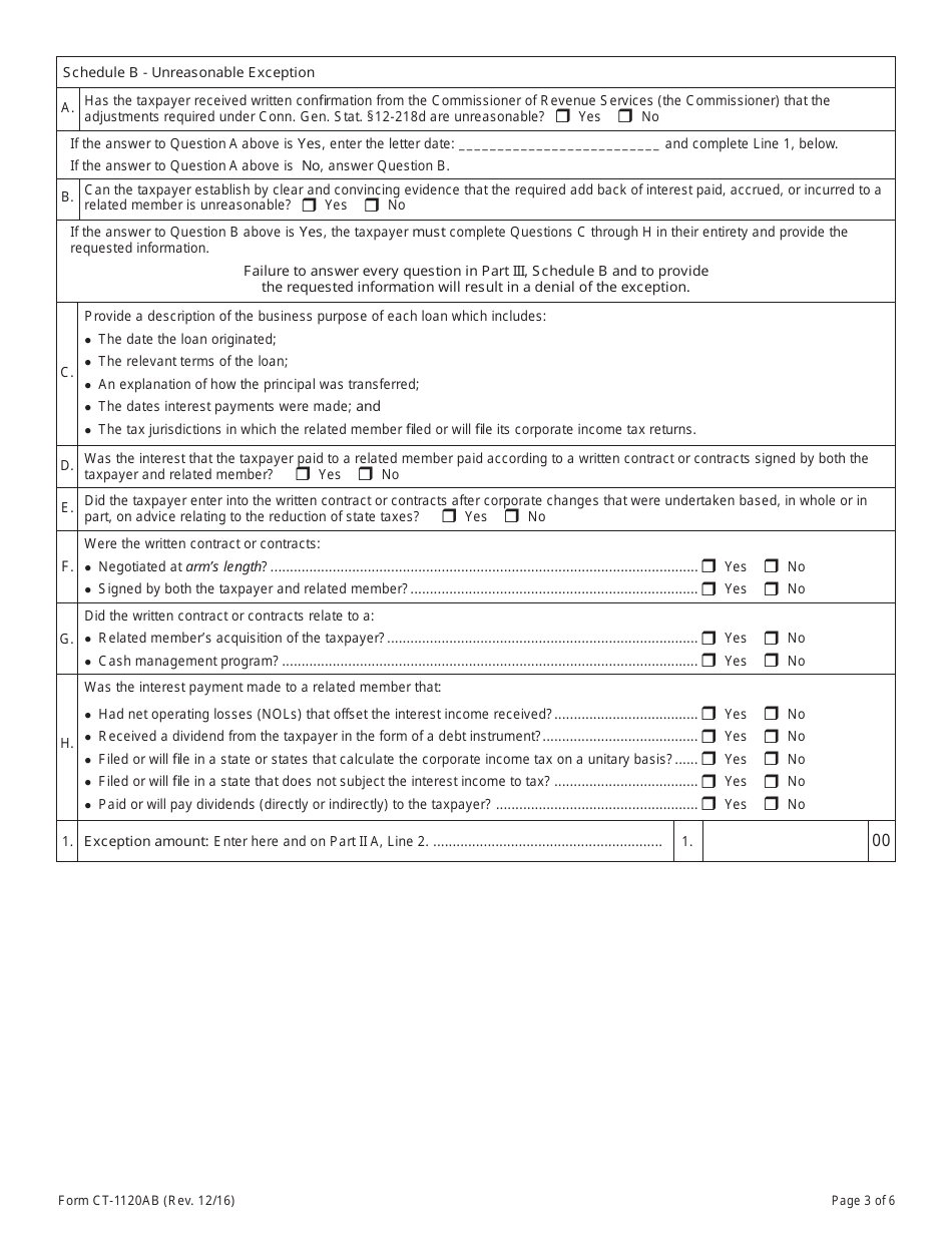 Form CT-1120AB Summary of Add Back and Exceptions to Add Back of Interest and Intangible Expenses - Connecticut, Page 3
