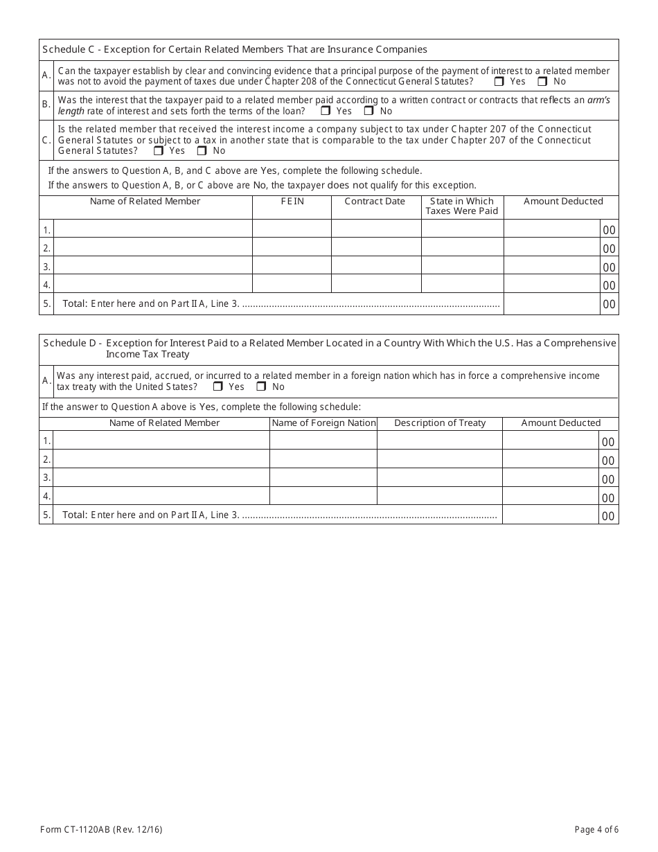 Form CT-1120AB Summary of Add Back and Exceptions to Add Back of Interest and Intangible Expenses - Connecticut, Page 4