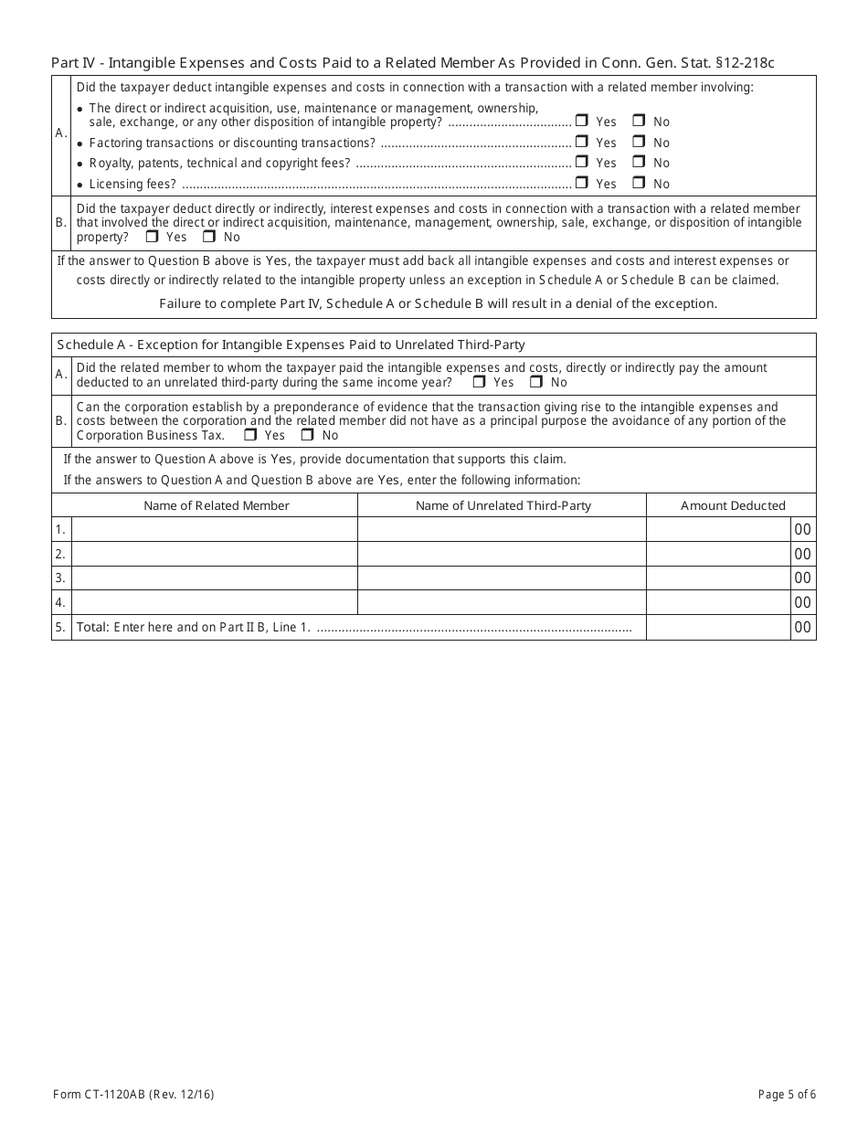 Form CT-1120AB Summary of Add Back and Exceptions to Add Back of Interest and Intangible Expenses - Connecticut, Page 5
