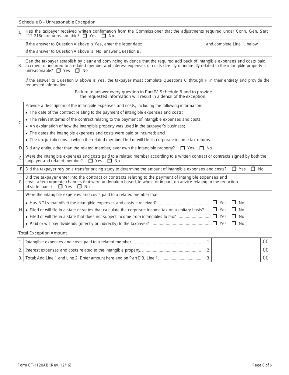 Form CT-1120AB Summary of Add Back and Exceptions to Add Back of Interest and Intangible Expenses - Connecticut, Page 6