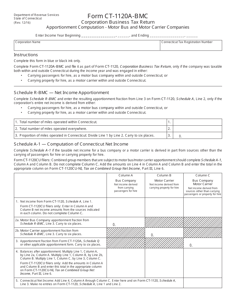 Form CT-1120A-BMC Corporation Business Tax Return - Apportionment Computation - Motor Bus and Motor Carrier Companies - Connecticut, Page 1