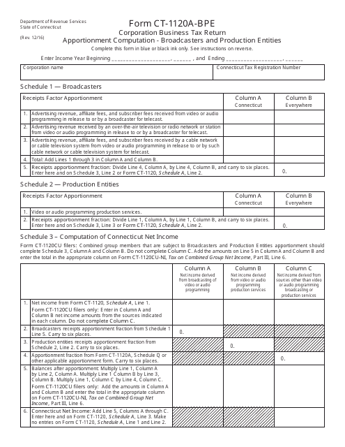 Form CT-1120A-BPE  Printable Pdf