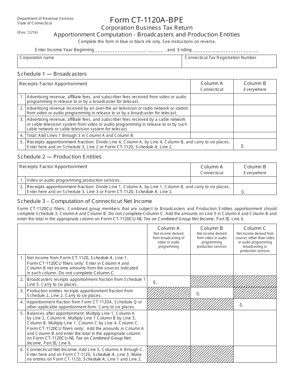 Form CT-1120A-BPE Corporation Business Tax Return - Apportionment Computation - Broadcasters and Production Entities - Connecticut, Page 1
